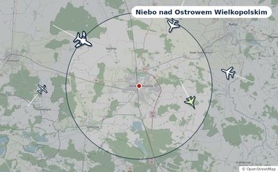 Mapa okolic miasta z sylwetkami samolotów — Niebo nad Ostrowem Wielkopolskim na żywo