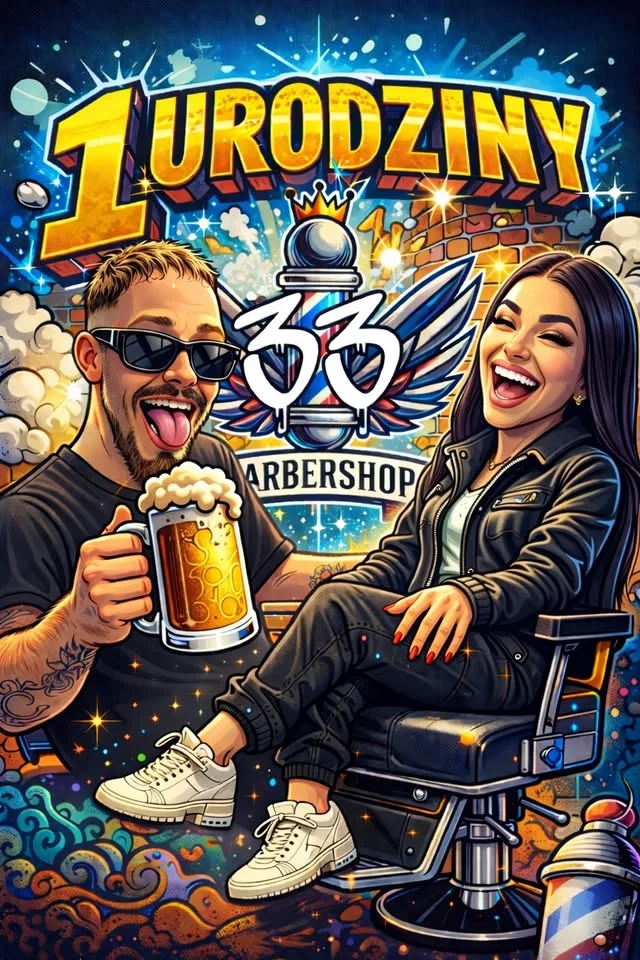 Grafika promocyjna wydarzenia 1 Urodziny 33BarberShop — 33 Barber Shop świętuje rok