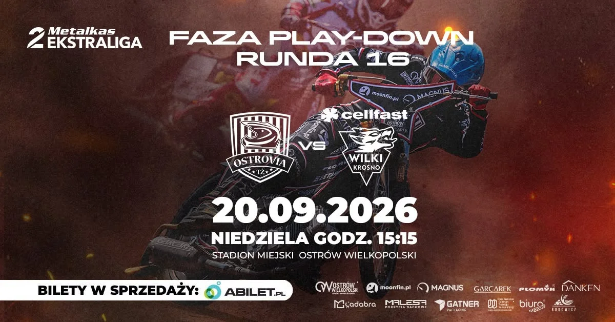 Grafika promocyjna wydarzenia 16. runda Metalkas2Ekstraliga: Ostrów – Krosno