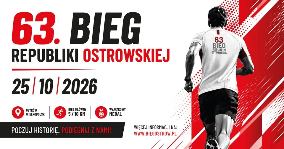 Grafika promocyjna wydarzenia 63. Bieg Republiki Ostrowskiej w Ostrowie
