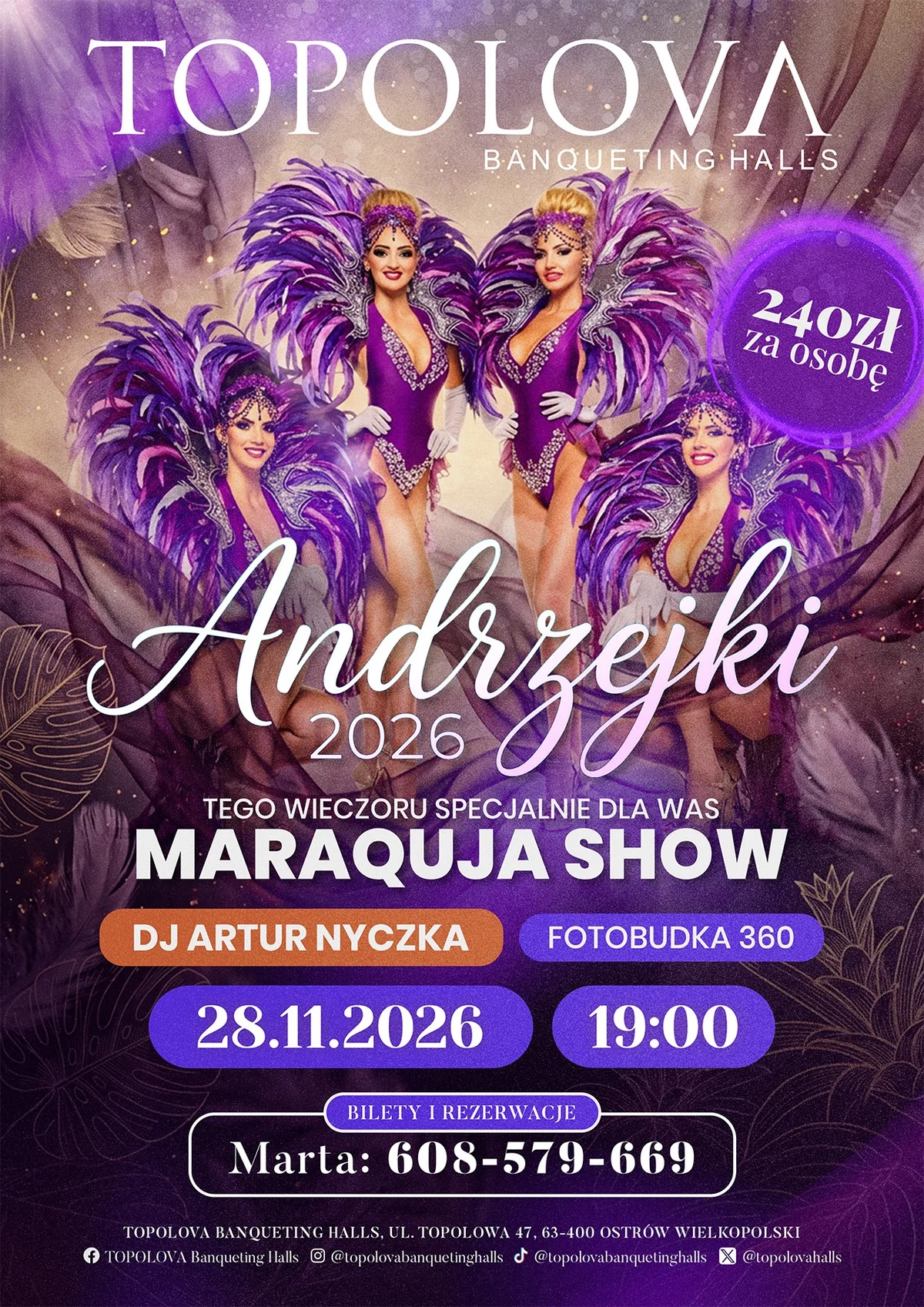 Grafika promocyjna wydarzenia Andrzejki 2026 w Topolovej – wieczór pełen atrakcji