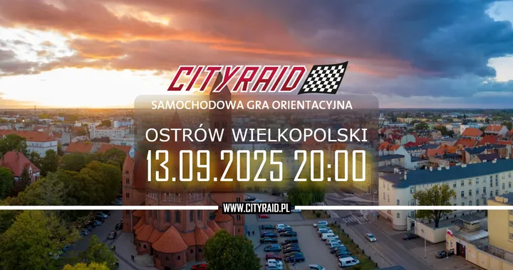 Obrazek przedstawia grafikę promocyjną wydarzenia Nocna samochodowa gra orientacyjna w Ostrowie Wielkopolskim