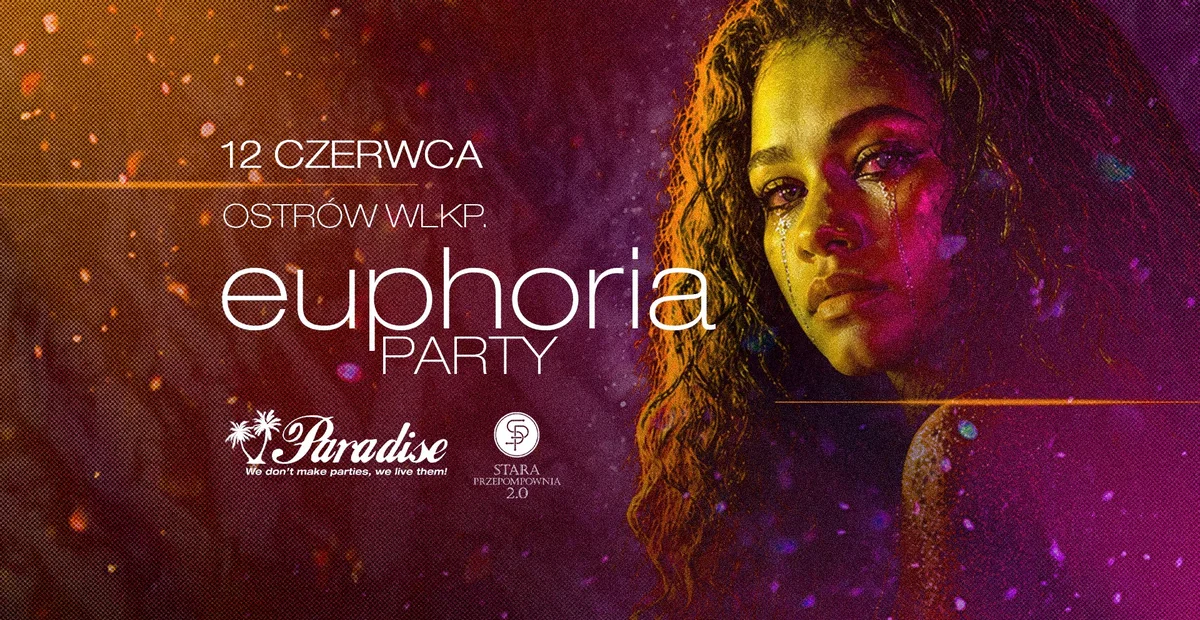 Grafika promocyjna wydarzenia Euphoria Party w Ostrowie Wielkopolskim – fioletowa noc w Starej Przepompowni 2.0
