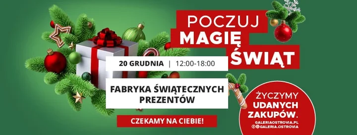 Grafika promocyjna wydarzenia Fabryka świątecznych prezentów w Galerii Ostrovia — personalizowane upominki 20 grudnia