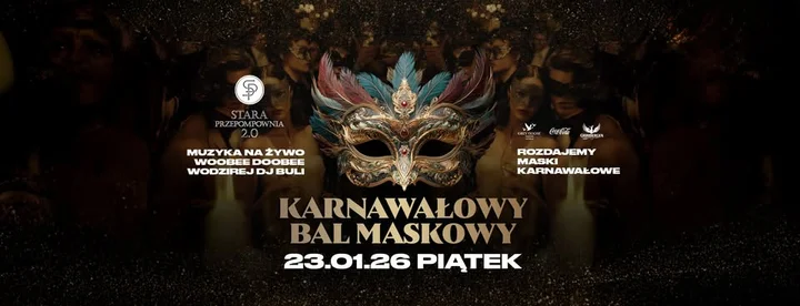 Grafika promocyjna wydarzenia Karnawałowy Bal Maskowy w Raszkowskiej 78 — muzyka na żywo i sety DJ-a