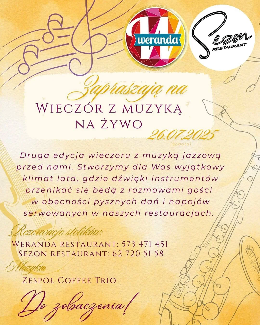 Grafika promocyjna wydarzenia Koncert jazzowy w restauracjach Weranda i Sezon w Ostrowie Wielkopolskim