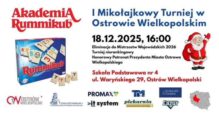 Grafika promocyjna wydarzenia Mikołajkowy Turniej Rummikub w Ostrowie Wielkopolskim