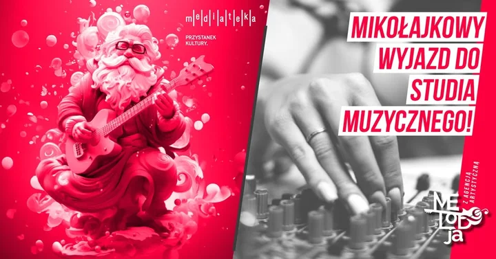 Grafika promocyjna wydarzenia Mikołajkowy wyjazd do studia muzycznego w Ostrowie Wielkopolskim