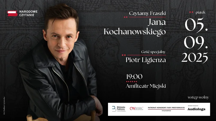 Obrazek przedstawia grafikę promocyjną wydarzenia Narodowe Czytanie: Jan Kochanowski w Amfiteatrze Miejskim
