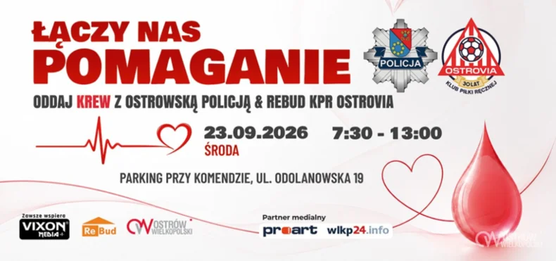 Grafika promocyjna wydarzenia Oddaj krew w ramach akcji „Łączy nas pomaganie”