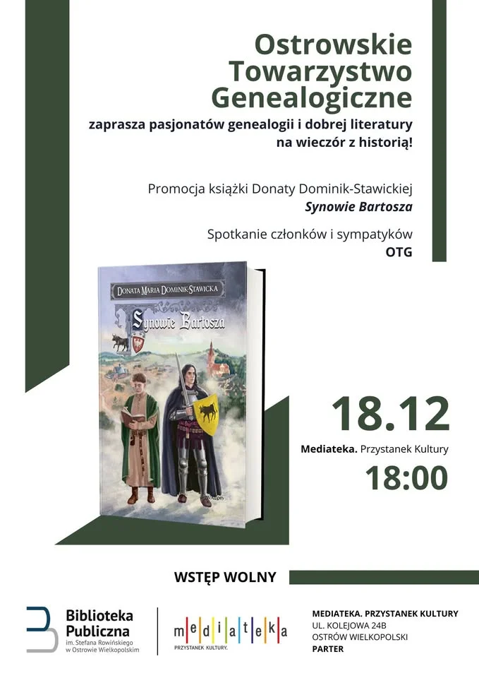 Grafika promocyjna wydarzenia OTG zaprasza: spotkanie z książką Donaty Dominik‑Stawickiej „Synowie Bartosza”