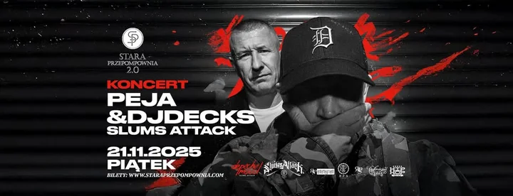 Grafika promocyjna wydarzenia PEJA & DJ Decks SLUMS ATTACK w Starej Przepompowni 2.0 — 21 listopada 2025