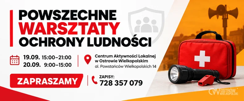 Grafika promocyjna wydarzenia Powszechne Warsztaty Ochrony Ludności w Ostrowie Wielkopolskim