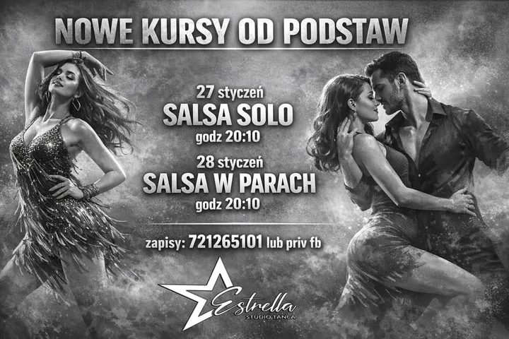 Grafika promocyjna wydarzenia Noworoczny nabór: Salsa dla początkujących — Studio Tańca Estrella