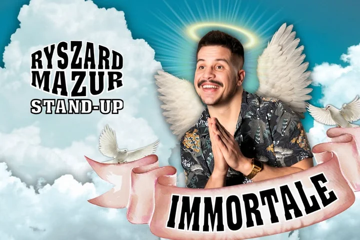 Obrazek przedstawia grafikę promocyjną wydarzenia Prapremiera programu stand-up Ryszarda Mazura Immortale w Ostrowie Wielkopolskim