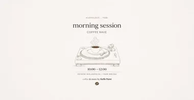 Grafika promocyjna wydarzenia Coffee Rave 001 w Ostrowie Wielkopolskim – poranna kawa i muzyka w Parku Miejskim