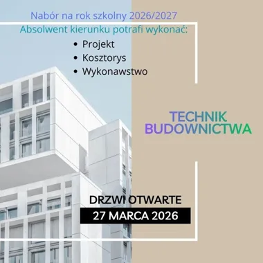 Grafika promocyjna wydarzenia Drzwi otwarte w Zespole Szkół Budowlano‑Energetycznych — 27 marca 2026