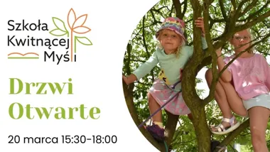 Grafika promocyjna wydarzenia Drzwi Otwarte Szkoły Kwitnącej Myśli — zobacz niebanalną podstawówkę w Ostrowie