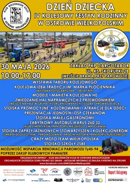 Grafika promocyjna wydarzenia IV Kolejowy Festyn Rodzinny w Ostrowie Wielkopolskim. Pociągi, historia i atrakcje na Dzień Dziecka