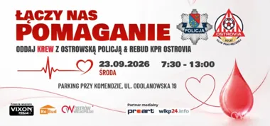 Grafika promocyjna wydarzenia Oddaj krew w ramach akcji „Łączy nas pomaganie”