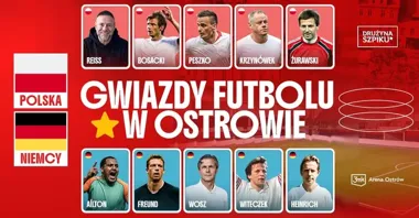 Grafika promocyjna wydarzenia Polska vs Niemcy w 3mk Arena Ostrów — legendy piłki kontra gwiazdy internetu