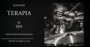 Grafika promocyjna wydarzenia TERAPIA w MDK Ostrów Wlkp. — rockowy koncert 20 marca