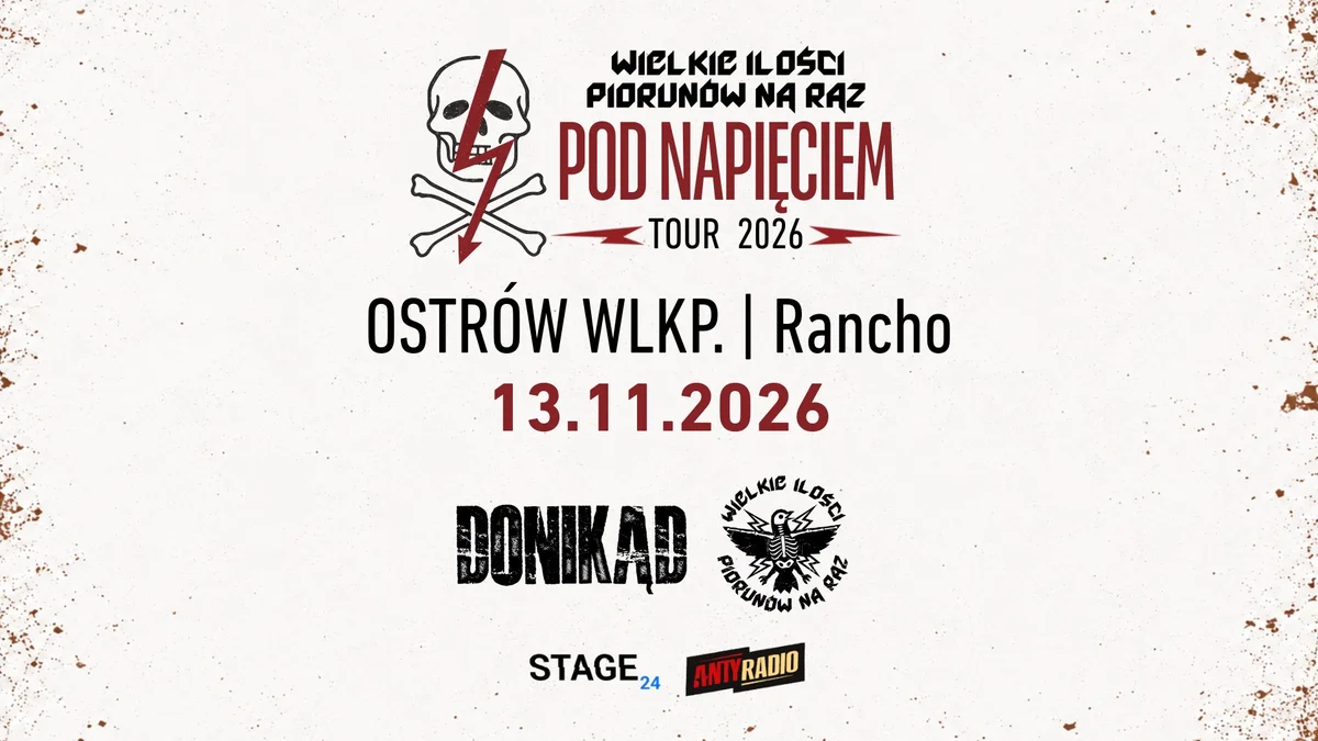 Grafika promocyjna wydarzenia Wielkie Ilości Piorunów na Raz + Donikąd – koncert w Ostrowie