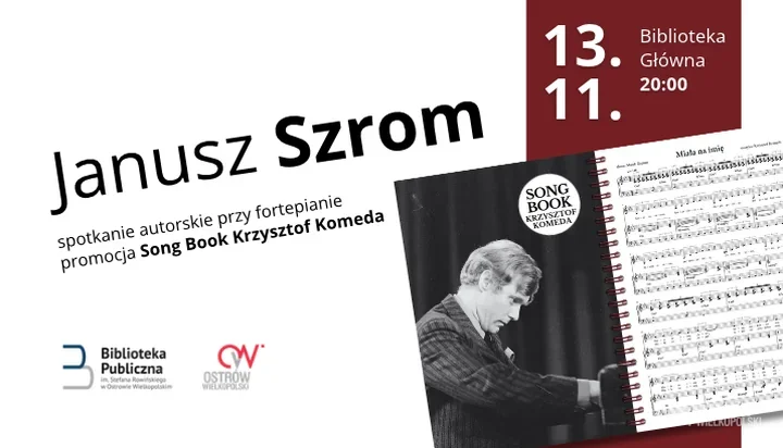 Janusz Szrom przy fortepianie w Ostrowie. Promocja śpiewnika Komedy